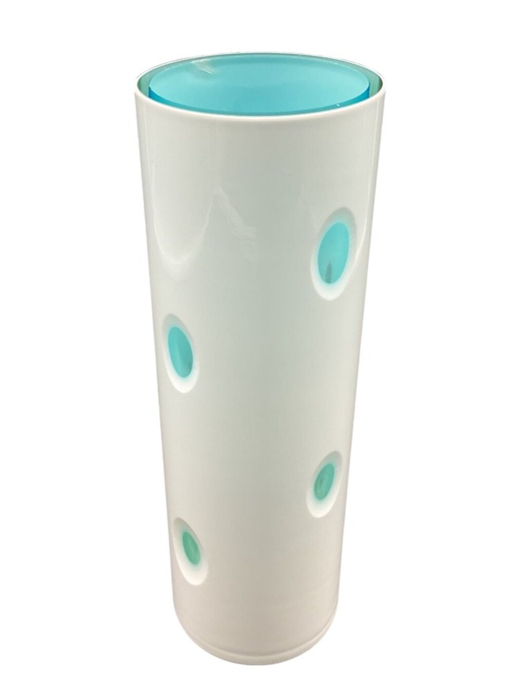 White Glass Cased Vase Cut To Aqua Blue Hand-Blown 8"H